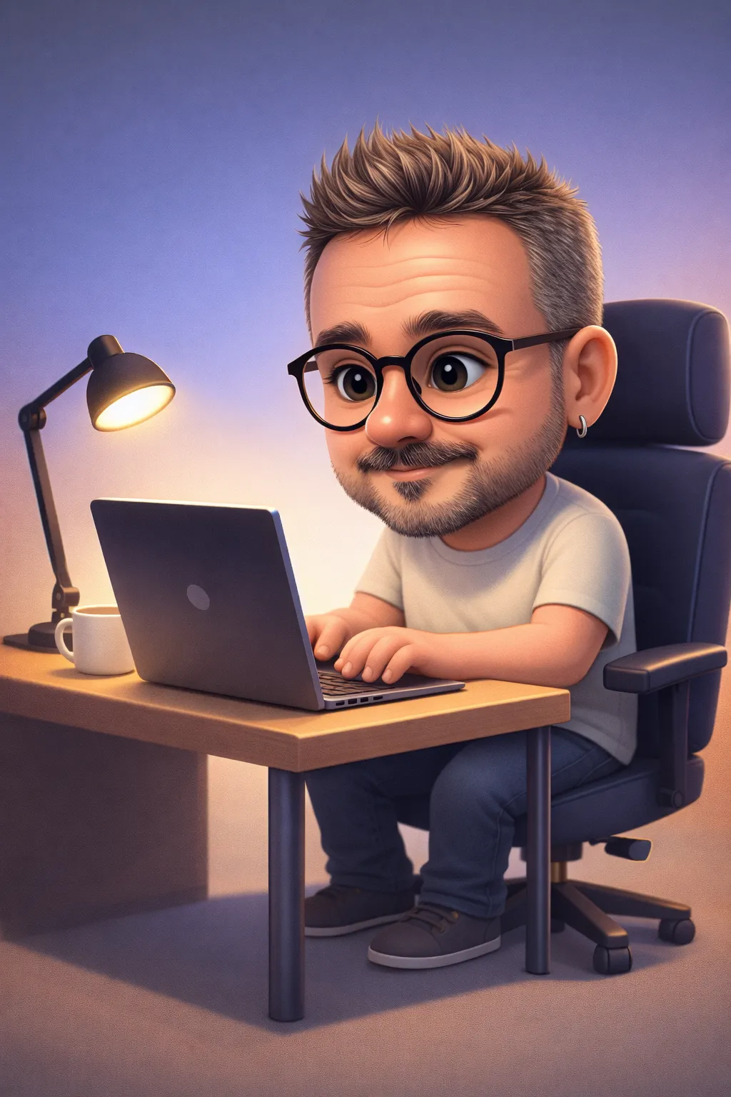 Illustrated portrait of Mustafa working at a desk